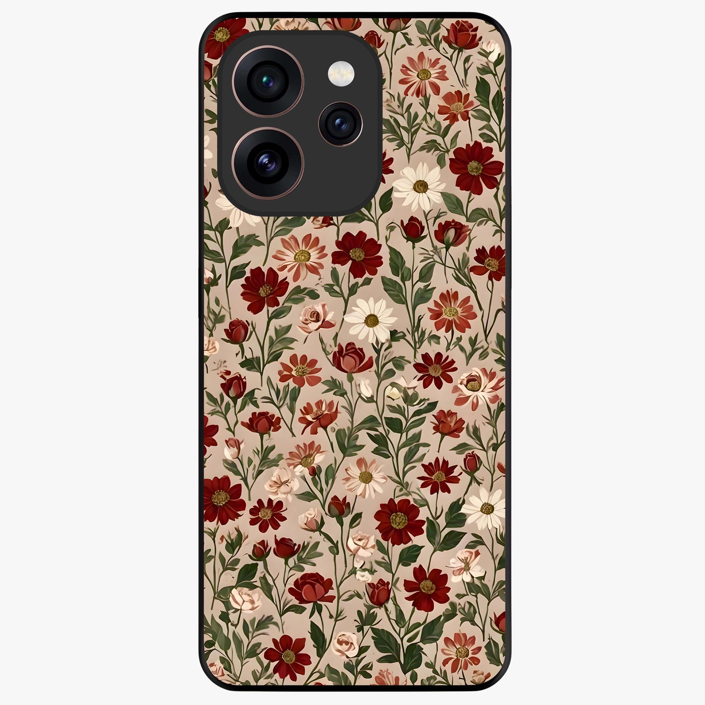 Biege Flower With Leaf Glass Case showing flat back view with soft beige floral artwork and glossy glass finish.