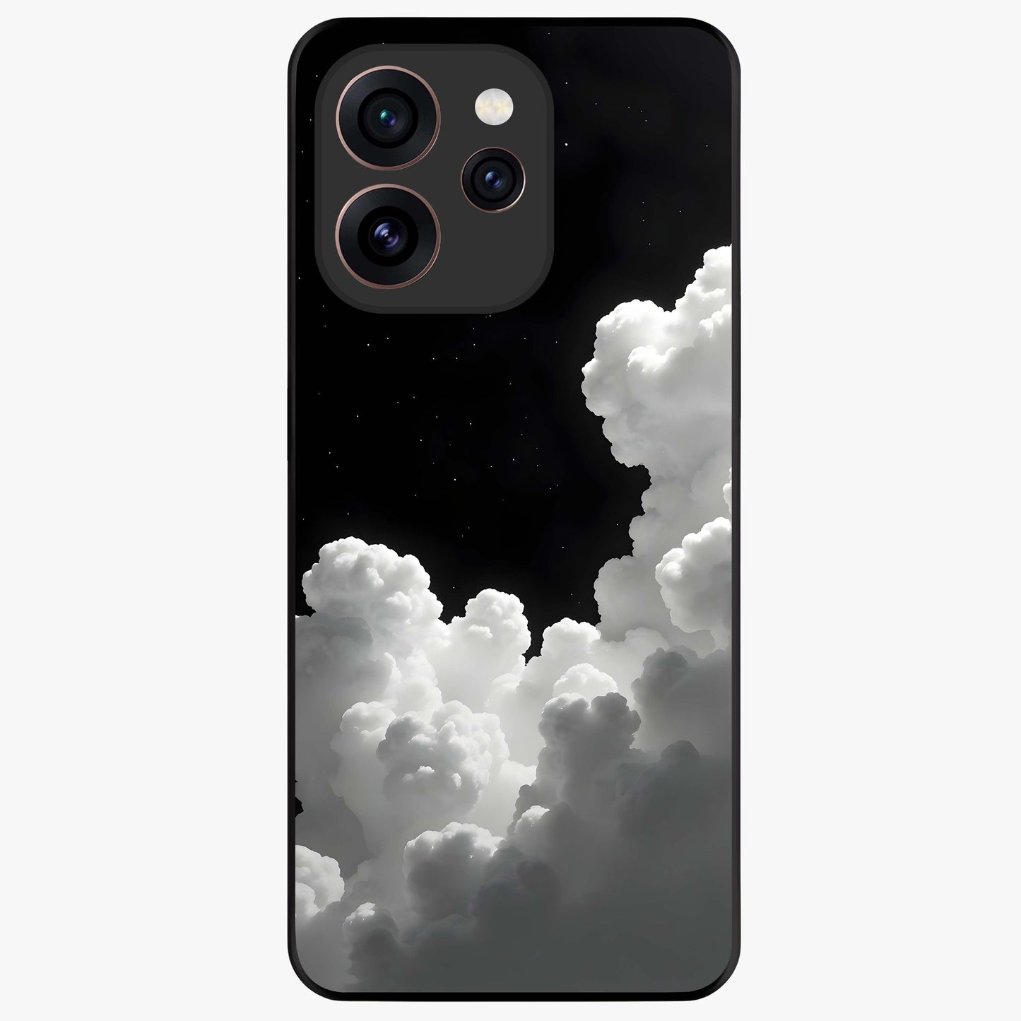 Black Background With White Cloud Glass Case showing flat back view with minimal cloud artwork on dark background and glossy glass finish.