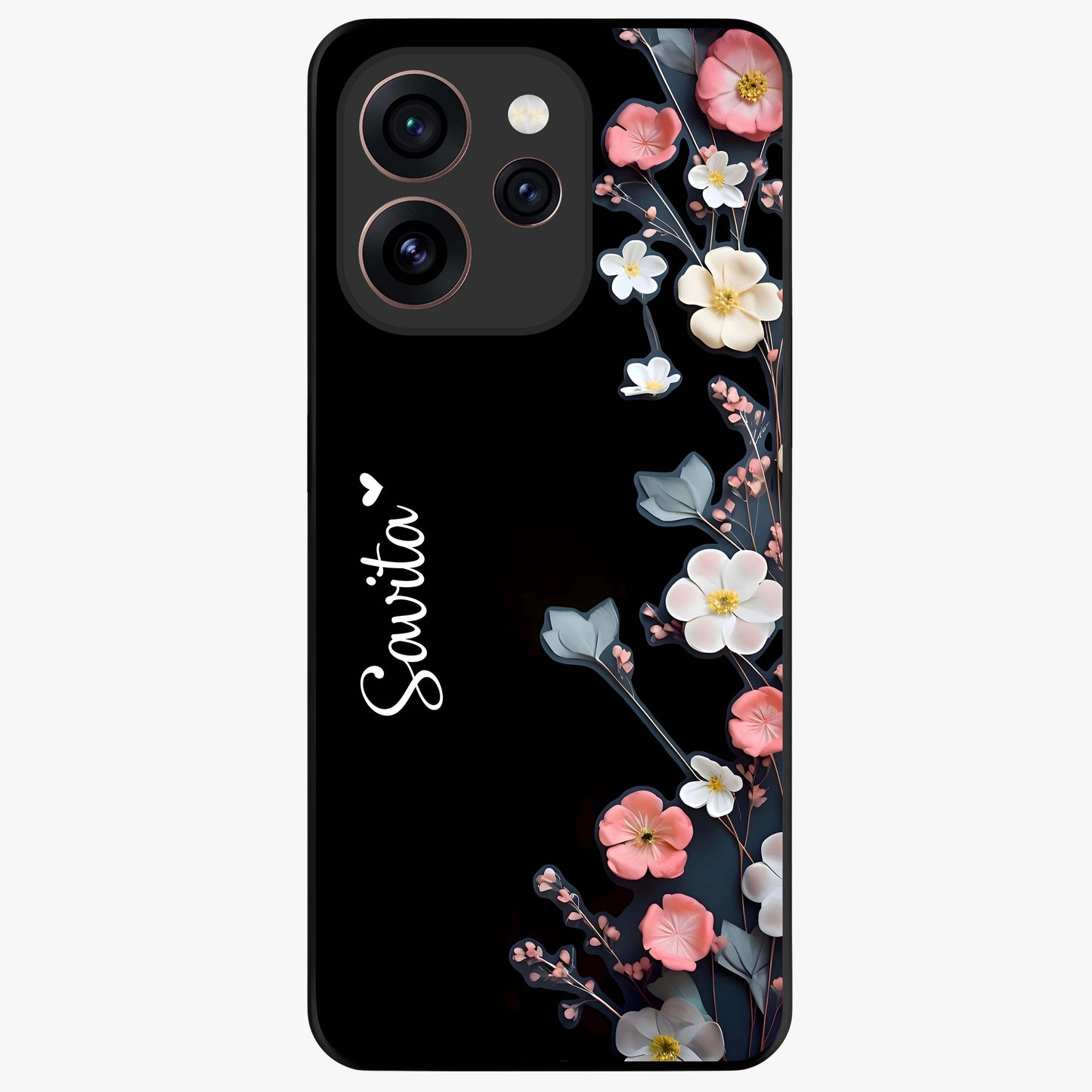 Black Elegance Floral Custom Name Glass Case showing flat back view with elegant floral artwork and personalized name design.