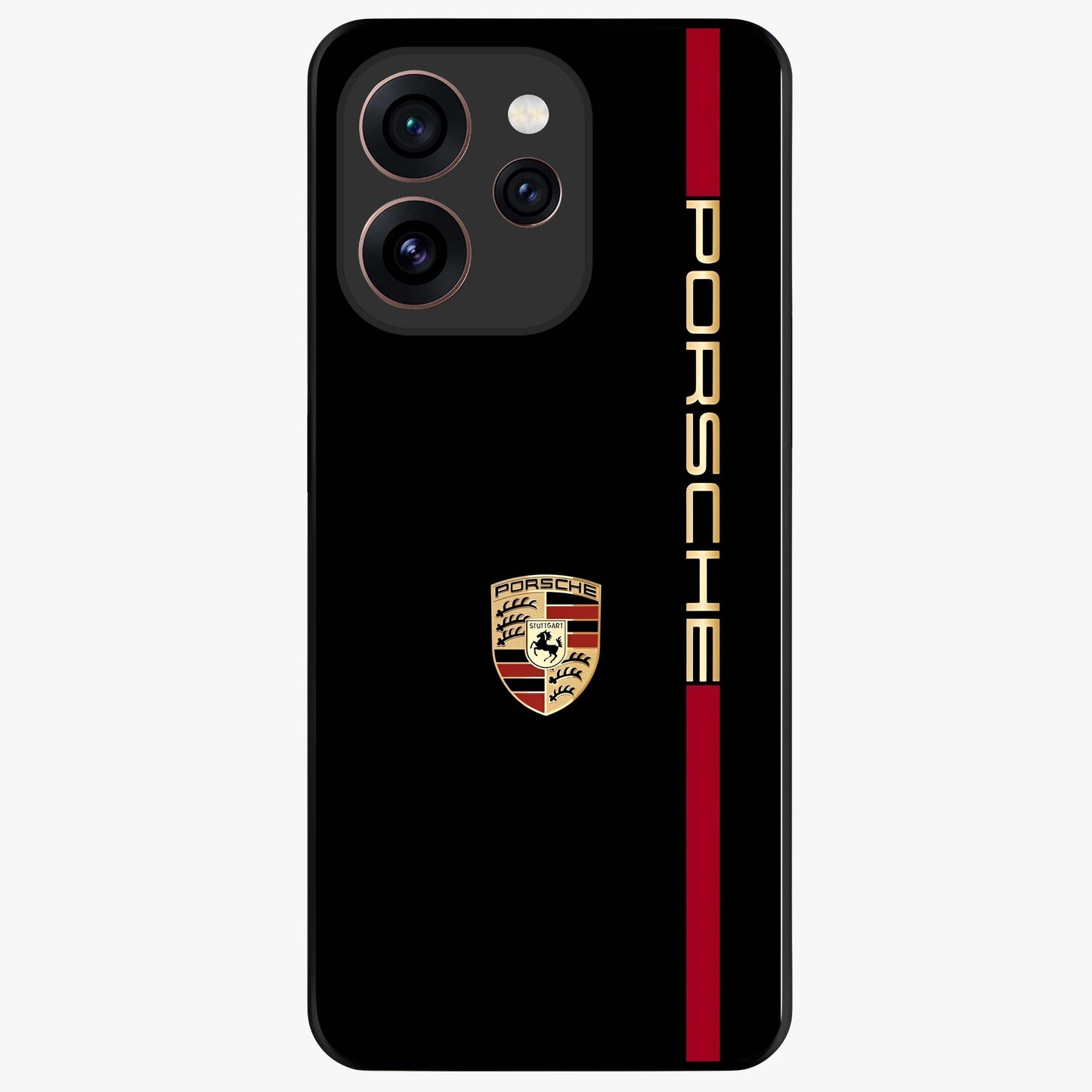 Black Minimal Porsche Glass Case showing flat back view with sleek minimal sports car artwork and glossy glass finish.