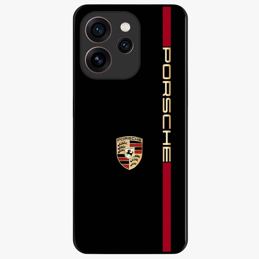 Black Minimal Porsche Glass Case showing flat back view with sleek minimal sports car artwork and glossy glass finish.