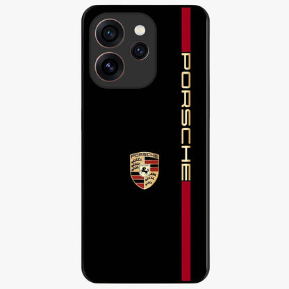 Black Minimal Porsche Glass Case showing flat back view with sleek minimal sports car artwork and glossy glass finish.