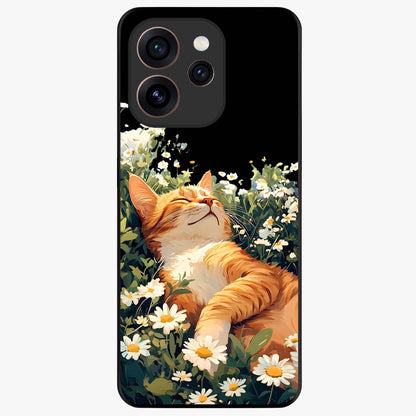Blissful Bloom Cat Glass Case showing flat back view with cute cat and floral bloom artwork and glossy glass finish.