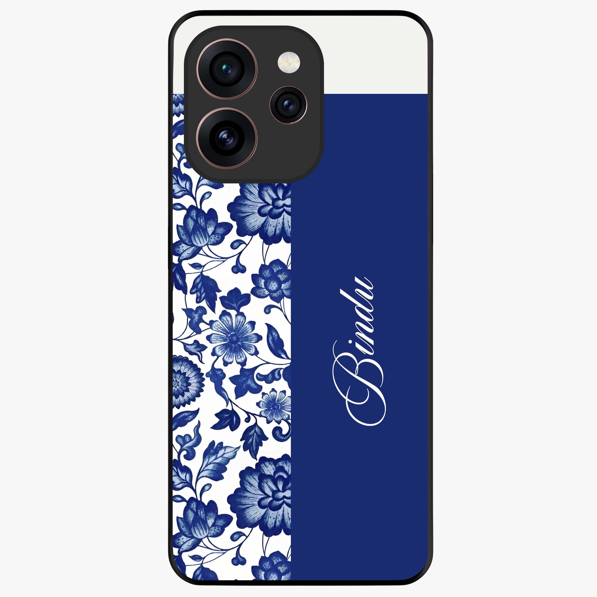 Blue Vintage Floral Pattern Glass Case upright view showcasing timeless floral illustration with vintage inspired style.