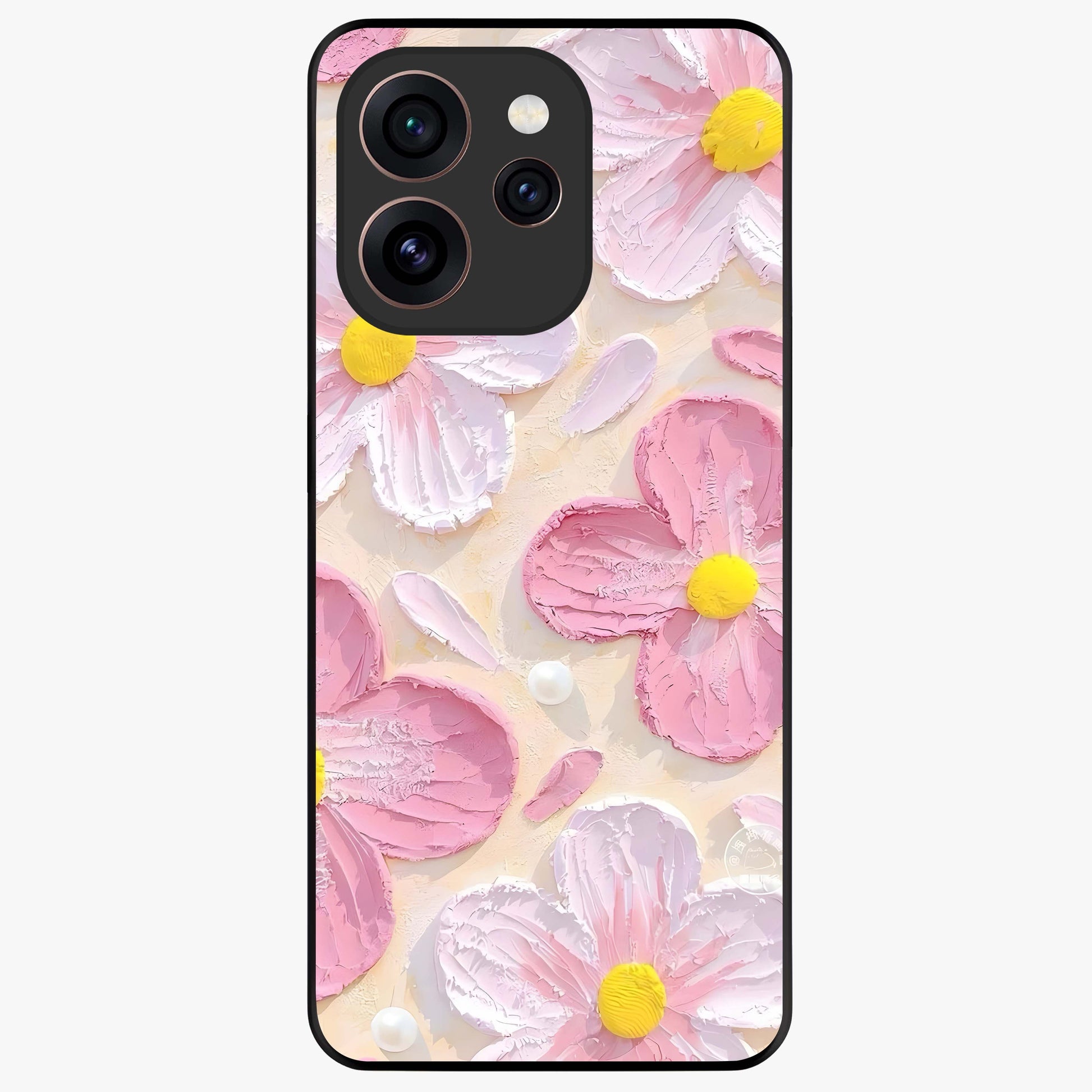 Blush Bloom Texture Glass Case showing flat back view with soft blush floral texture artwork and glossy glass finish.