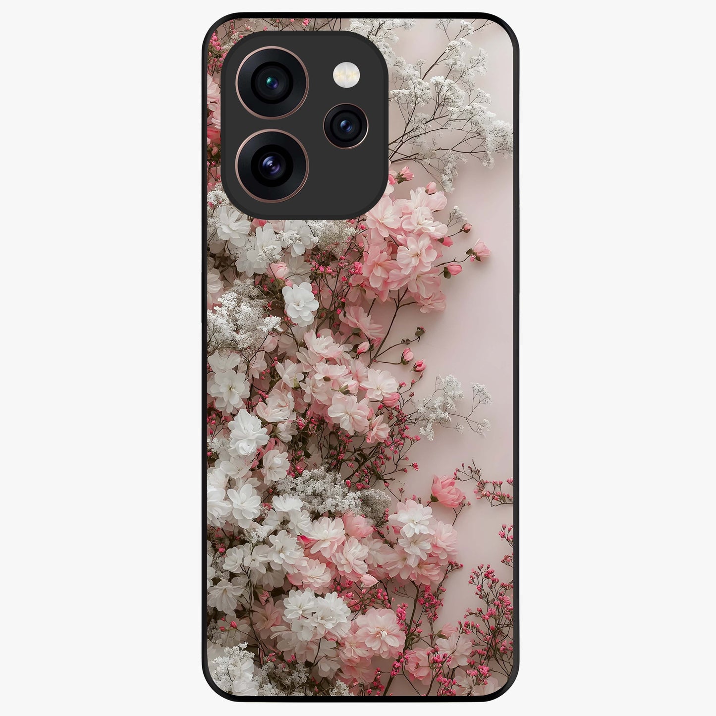 Blush Blossom Cloud Glass Case showing flat back view with dreamy blush cloud blossom artwork and glossy glass finish.