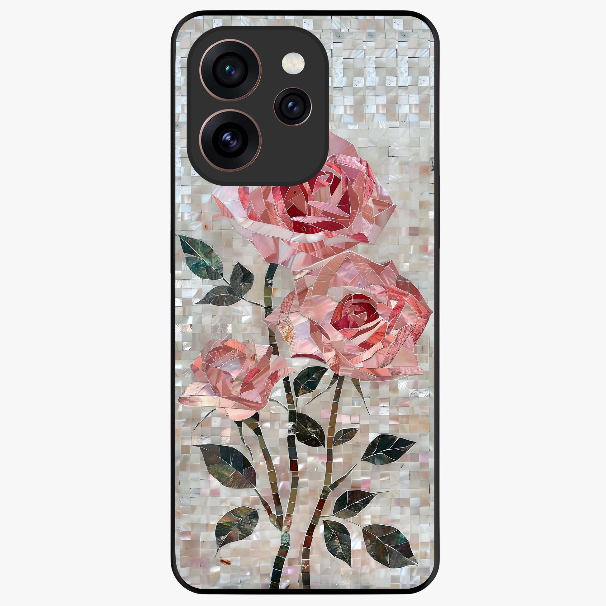 Blush Mosaic Bloom Glass Case showing flat back view with mosaic floral bloom artwork and glossy glass finish.