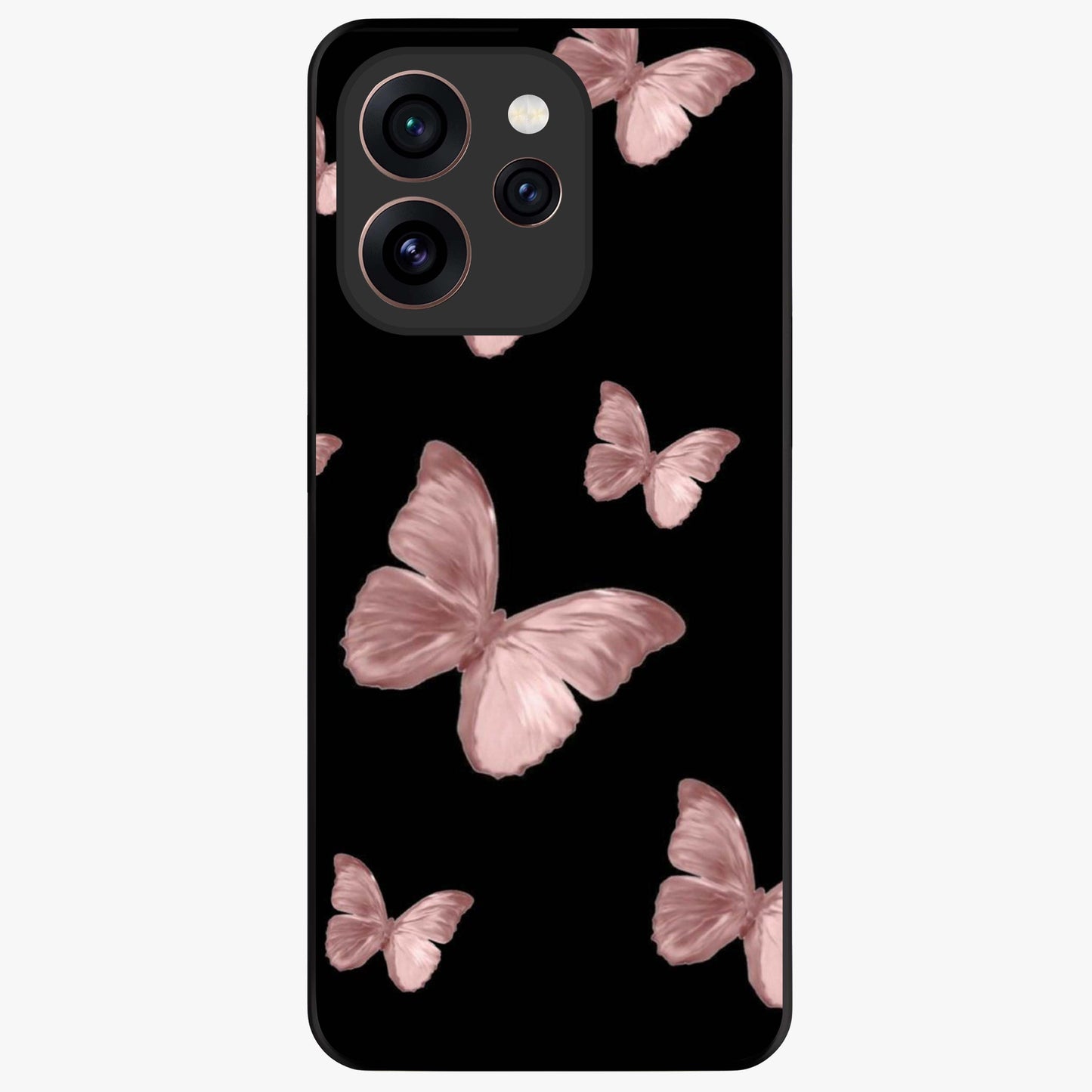 Butterfly Pattern Glass Case showing flat back view with elegant butterfly pattern artwork and glossy glass finish.