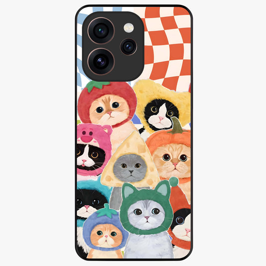 Cats in Fruits Glass Case showing flat back view with playful cat illustrations inside fruit artwork and glossy glass finish.
