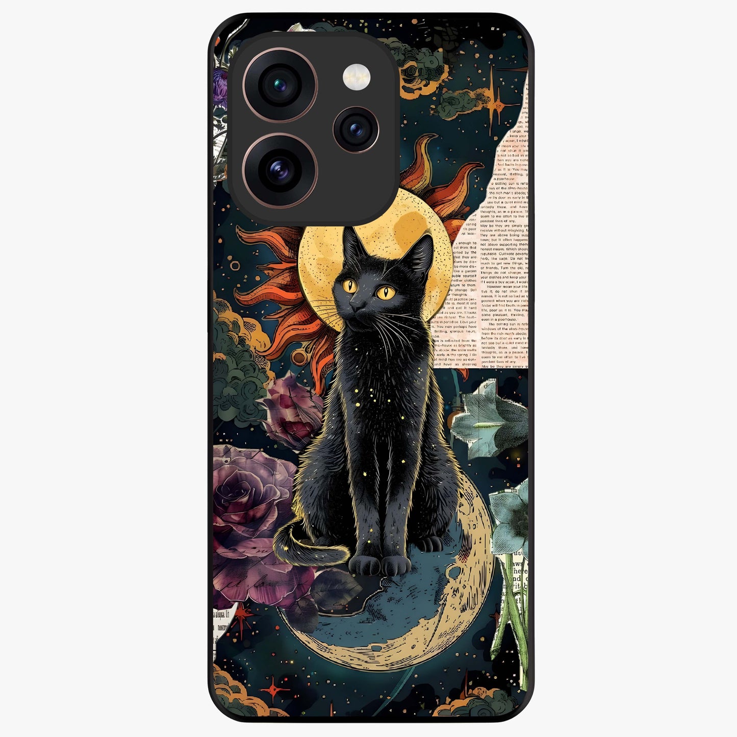 Celestial Black Cat Glass Case showing flat back view with mystical black cat artwork and glossy glass finish.