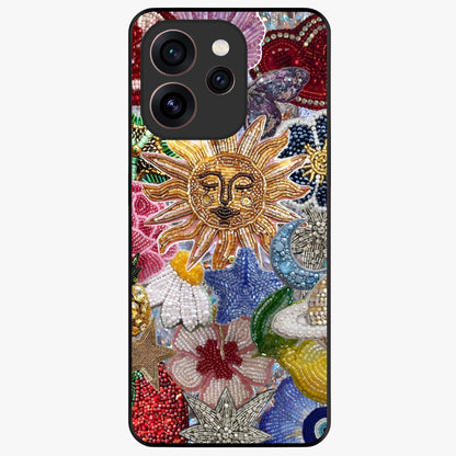 Celestial Floral and Playful Glass Case showing flat back view with floral and celestial themed artwork and glossy glass finish.