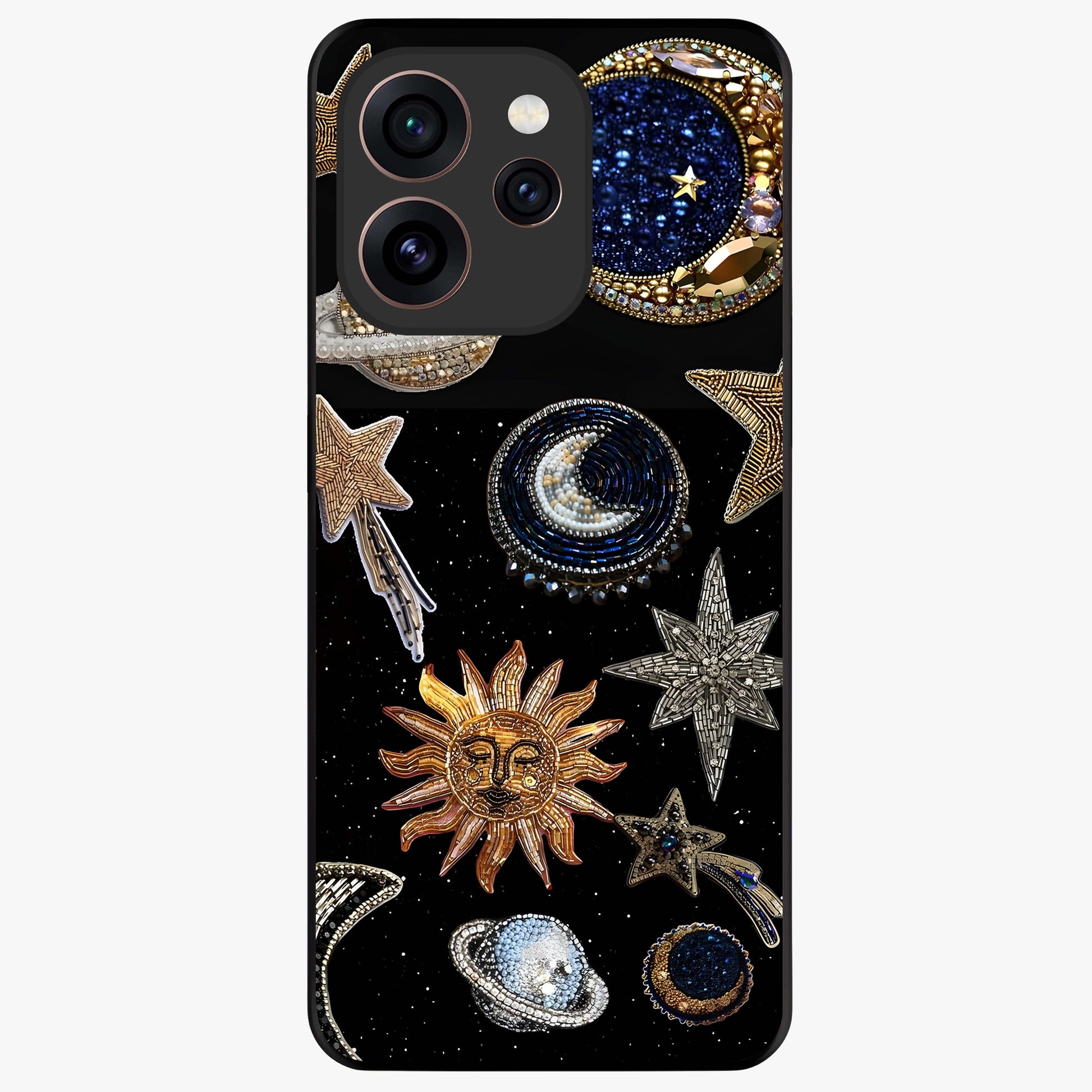 Celestial Gem Constellations Glass Case showing flat back view with sparkling constellation artwork and glossy glass finish.