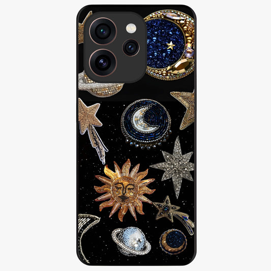 Celestial Gem Constellations Glass Case showing flat back view with sparkling constellation artwork and glossy glass finish.
