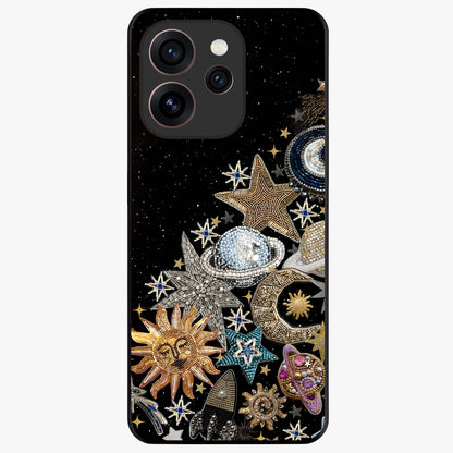 Cosmic Sparkle Dreams Glass Case showing flat back view with sparkling cosmic artwork and glossy glass finish.