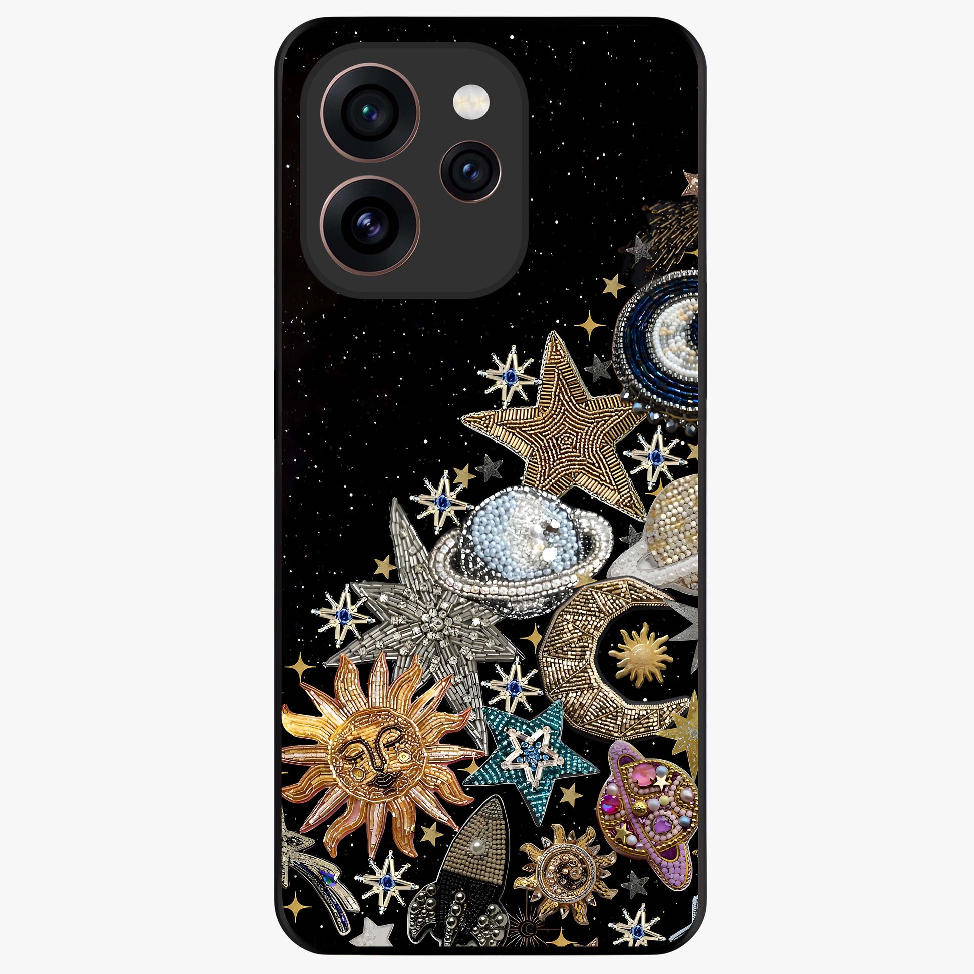 Cosmic Sparkle Dreams Glass Case showing flat back view with sparkling cosmic artwork and glossy glass finish.
