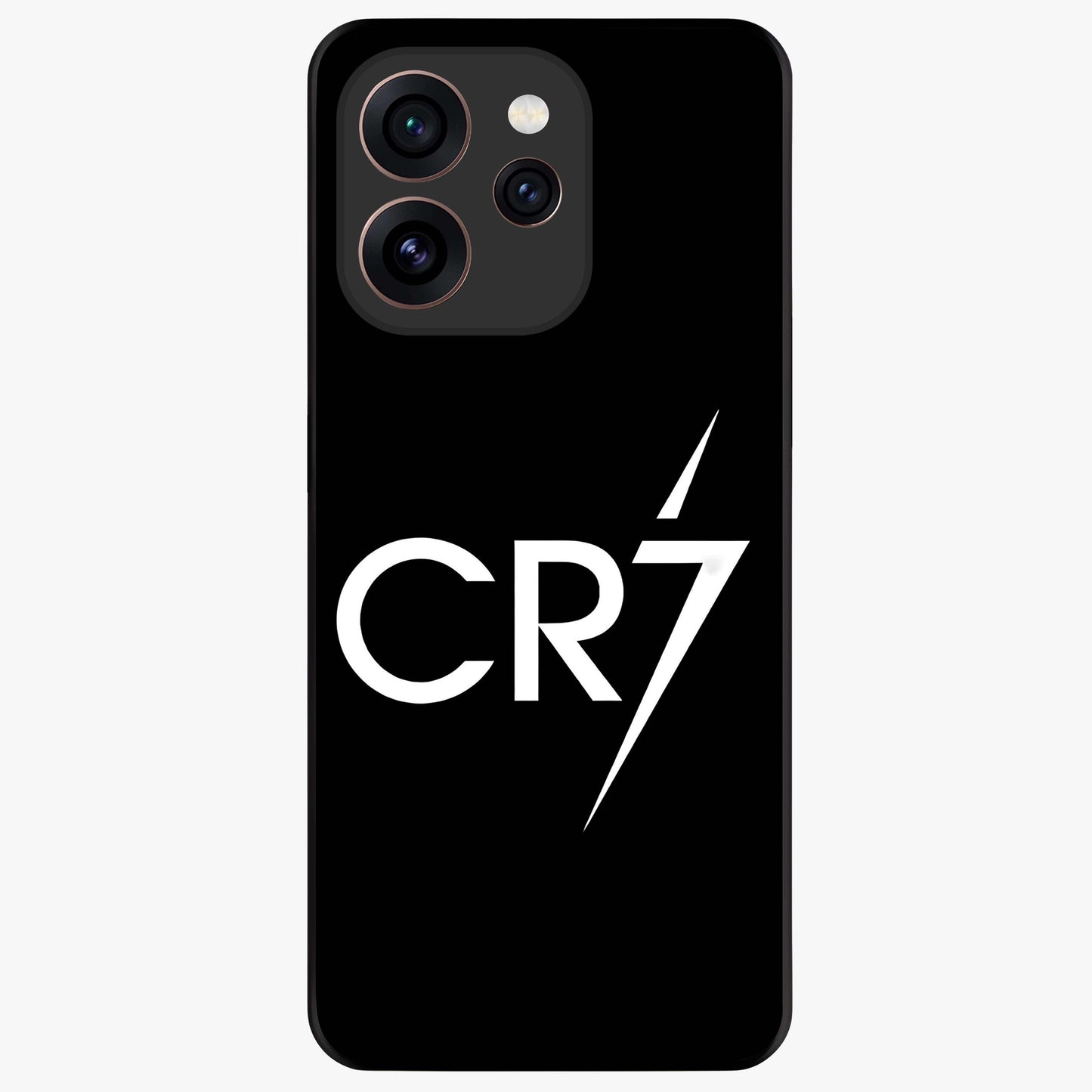 Cr7 Elite Strike Glass Case showing flat back view with dynamic football inspired artwork and glossy glass finish.