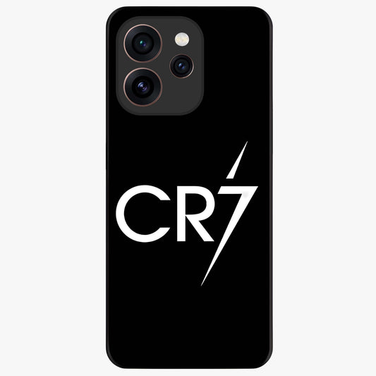 Cr7 Elite Strike Glass Case showing flat back view with dynamic football inspired artwork and glossy glass finish.