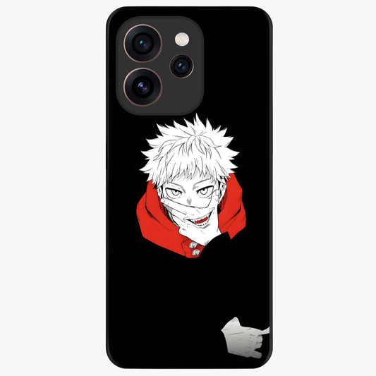Crimson Chaos Smile Glass Case showing flat back view with bold chaotic smile artwork and glossy glass finish.