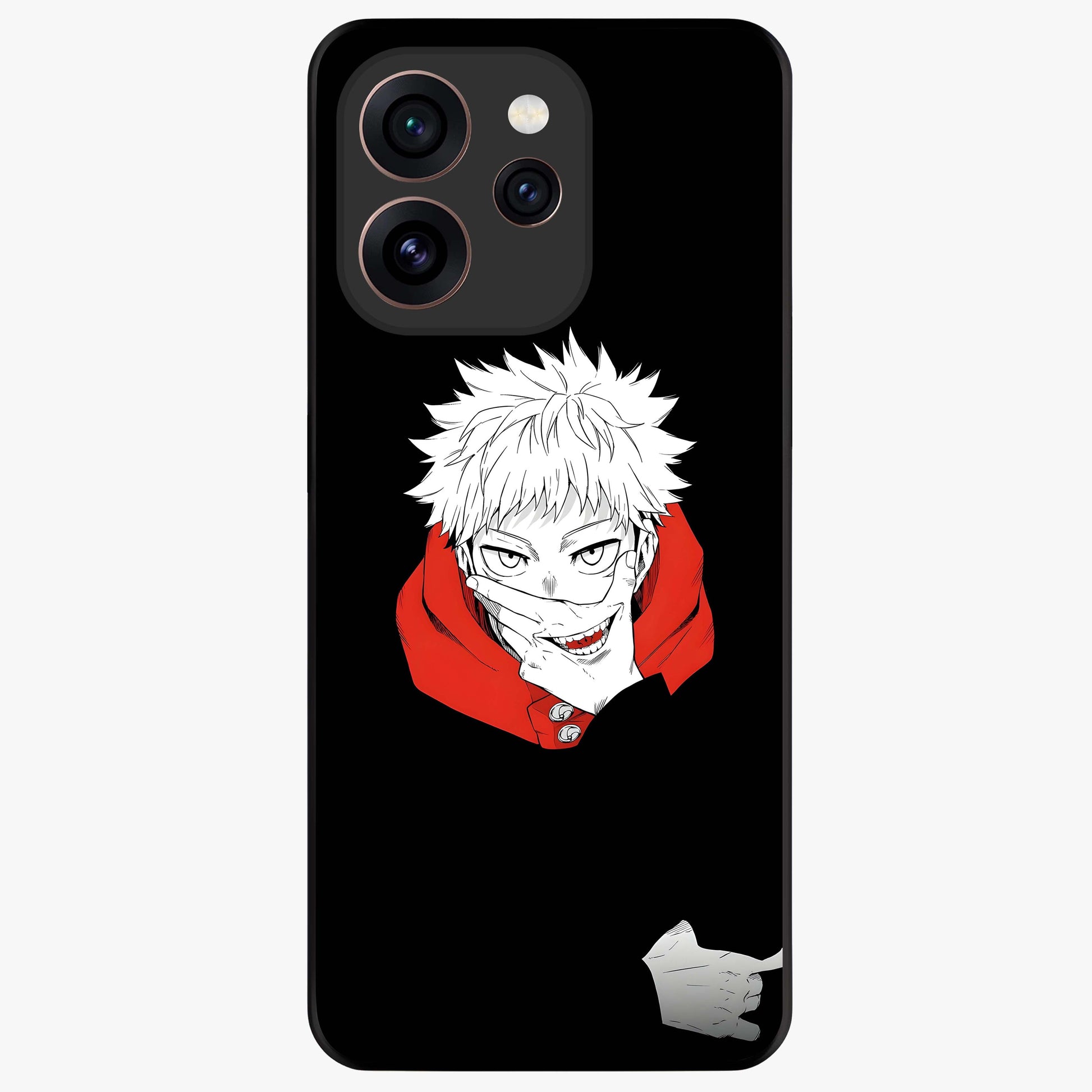 Crimson Chaos Smile Glass Case showing flat back view with bold chaotic smile artwork and glossy glass finish.