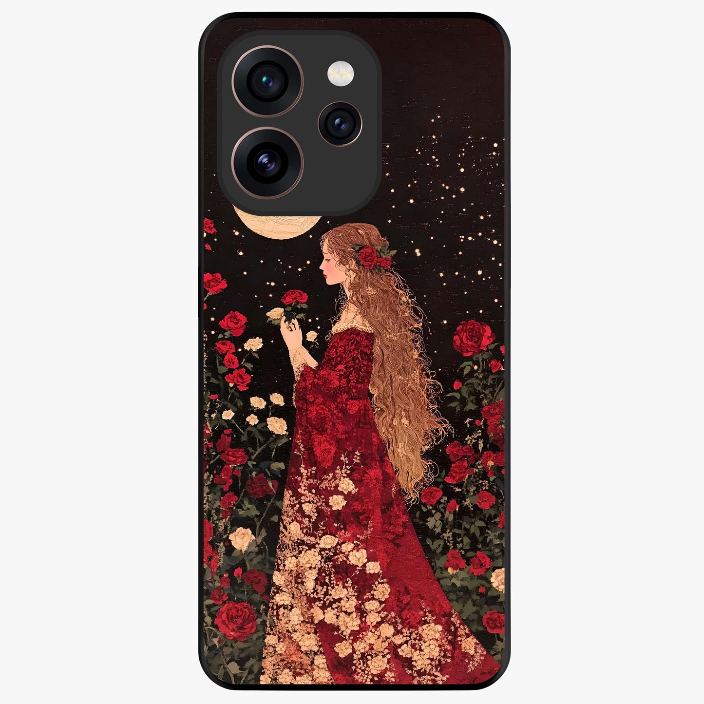 Crimson Dreams Glass Case showing flat back view with dreamy crimson artwork and glossy glass finish.