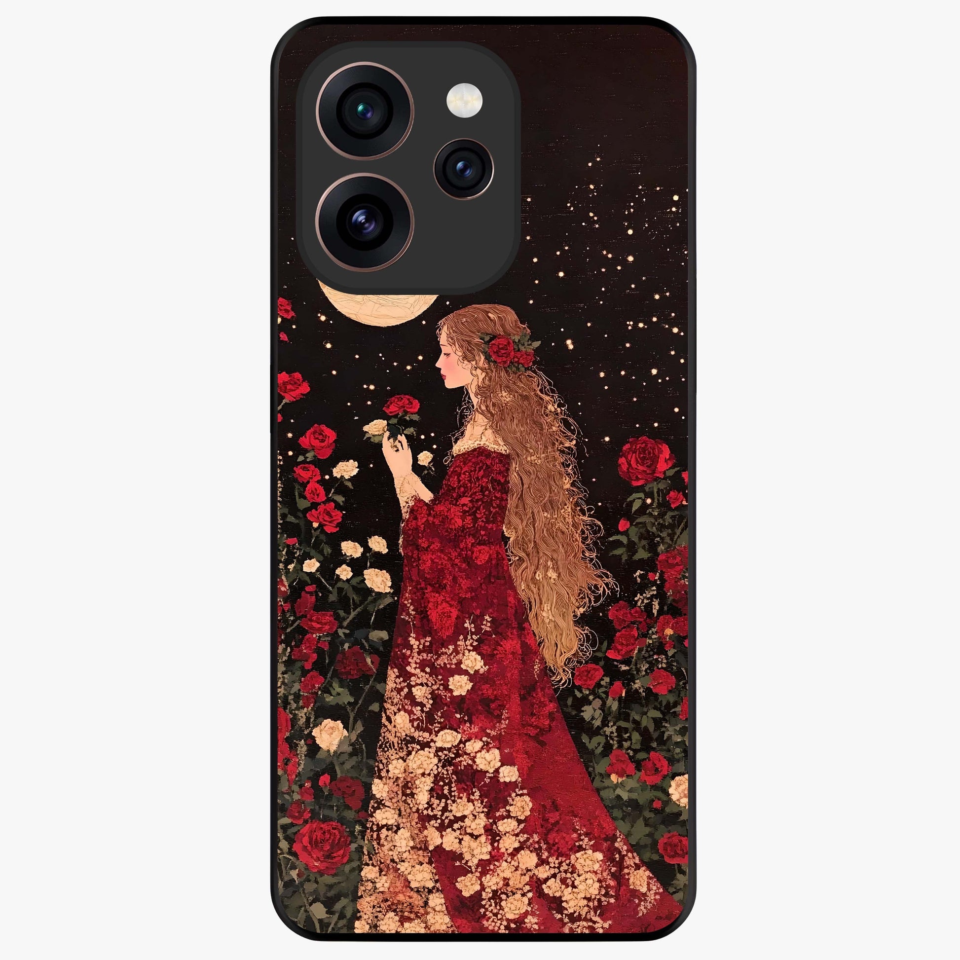 Crimson Dreams Glass Case showing flat back view with dreamy crimson artwork and glossy glass finish.