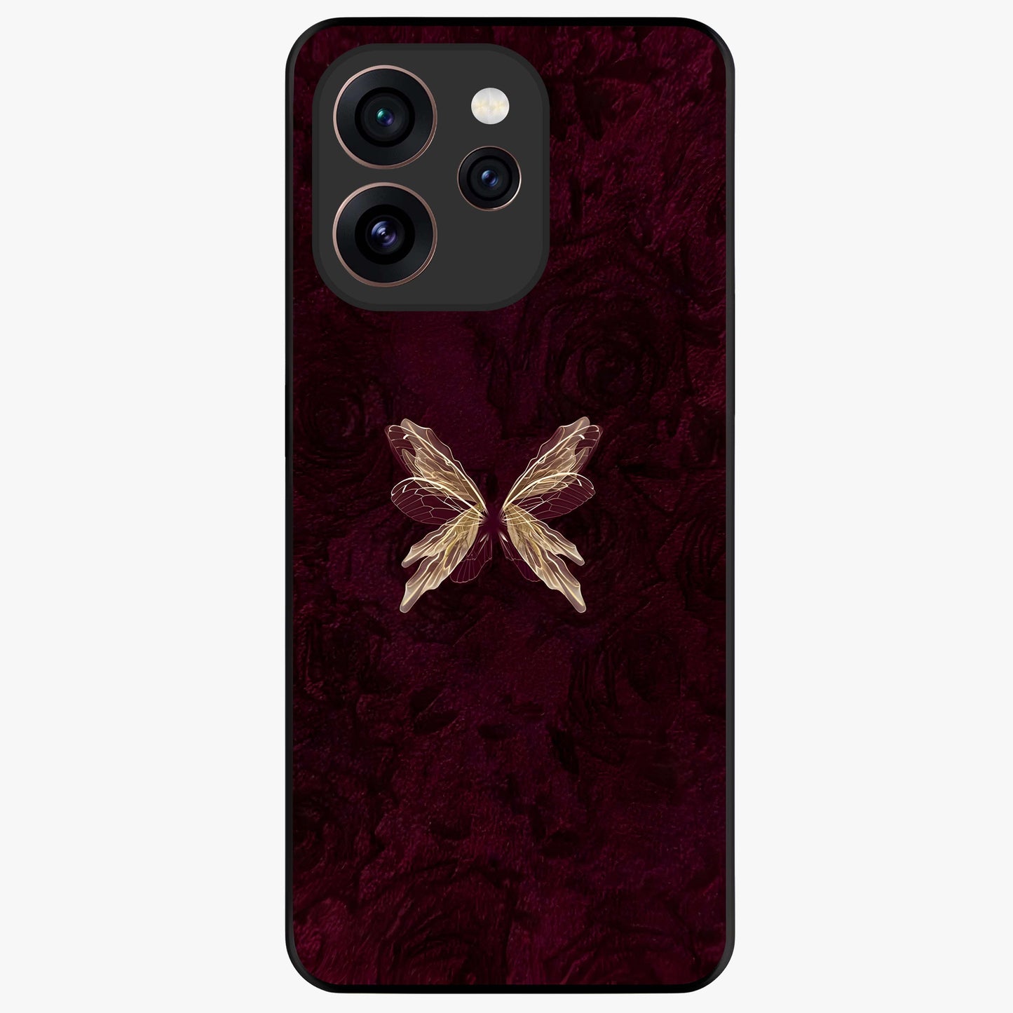 Crimson Fade Butterfly Glass Case showing flat back view with fading butterfly artwork and glossy glass finish.