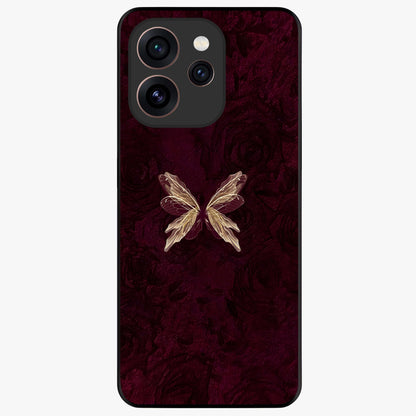Crimson Fade Butterfly Glass Case showing flat back view with fading butterfly artwork and glossy glass finish.