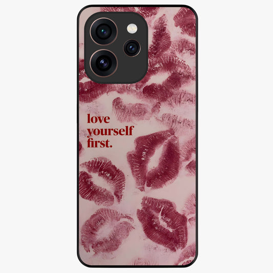 Crimson Kiss Love Glass Case showing flat back view with romantic crimson themed artwork and glossy glass finish.