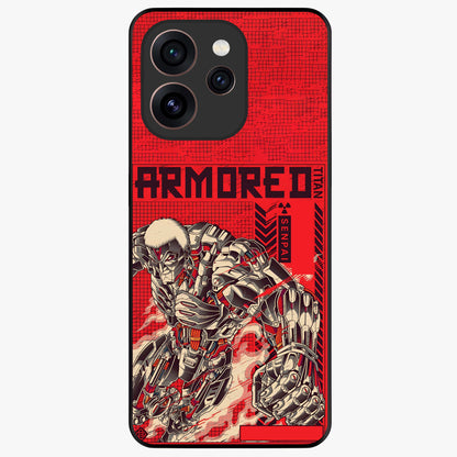 Crimson Mecha Titan Glass Case showing flat back view with powerful mech titan artwork and glossy glass finish.