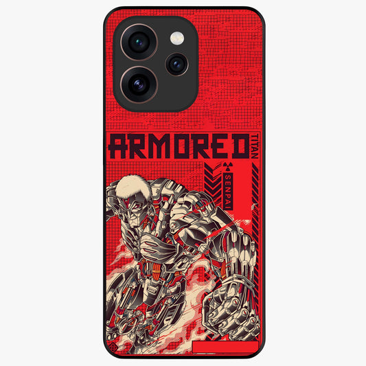 Crimson Mecha Titan Glass Case showing flat back view with powerful mech titan artwork and glossy glass finish.