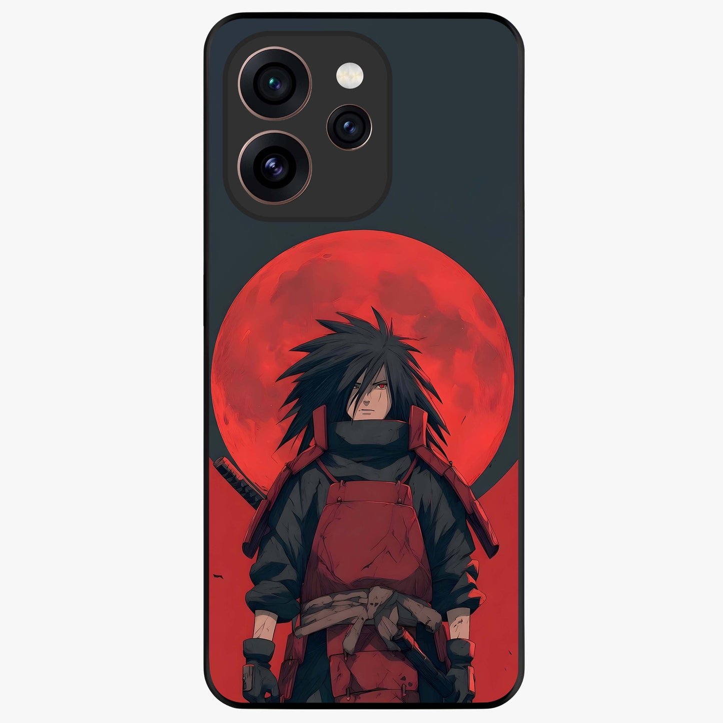 Crimson Moon Warlord Glass Case showing flat back view with mystical moon warrior artwork and glossy glass finish.