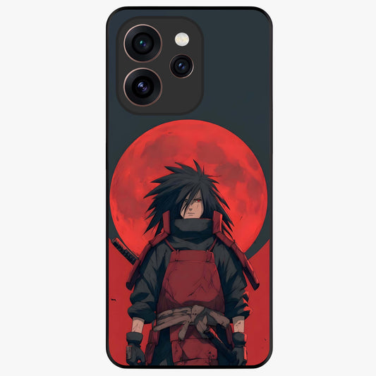 Crimson Moon Warlord Glass Case showing flat back view with mystical moon warrior artwork and glossy glass finish.