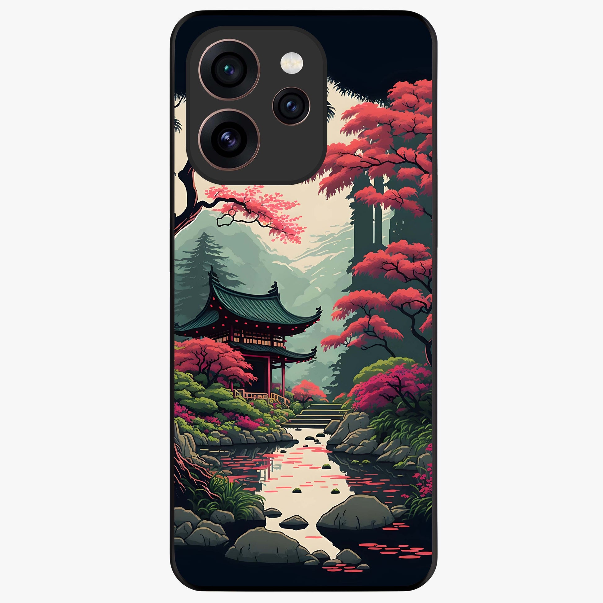 Crimson Temple View Glass Case showing flat back view with temple inspired artwork and glossy glass finish.