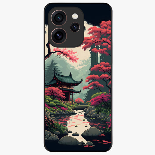 Crimson Temple View Glass Case showing flat back view with temple inspired artwork and glossy glass finish.
