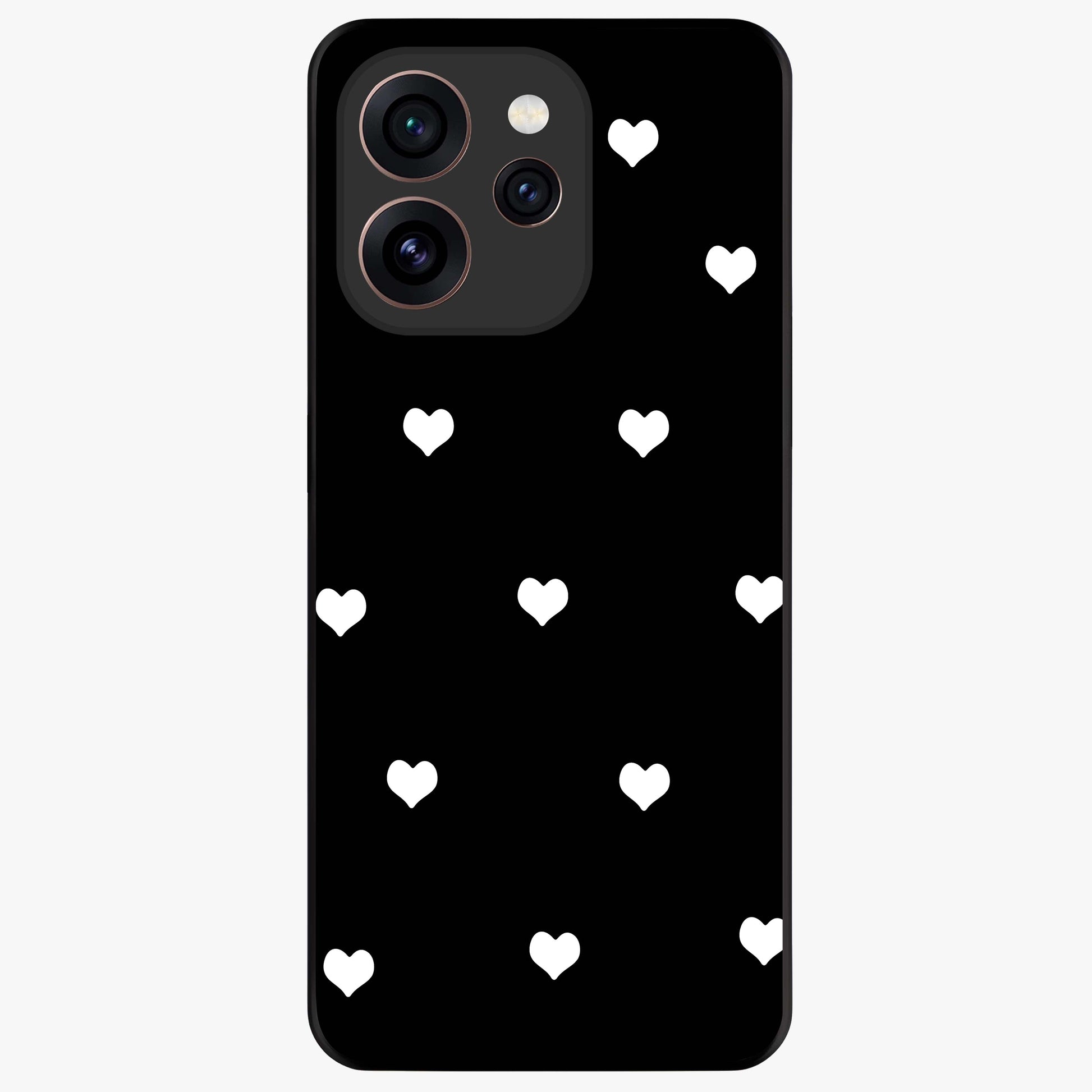 Cute And Simple White Hearts Glass Case showing flat back view with minimal white heart pattern and glossy glass finish.