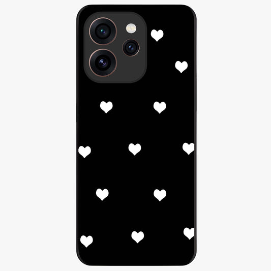 Cute And Simple White Hearts Glass Case showing flat back view with minimal white heart pattern and glossy glass finish.