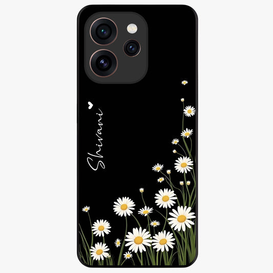 Daisy Cascade Custom Name Glass Case showing flat back view with cascading daisy flowers and personalized name design.