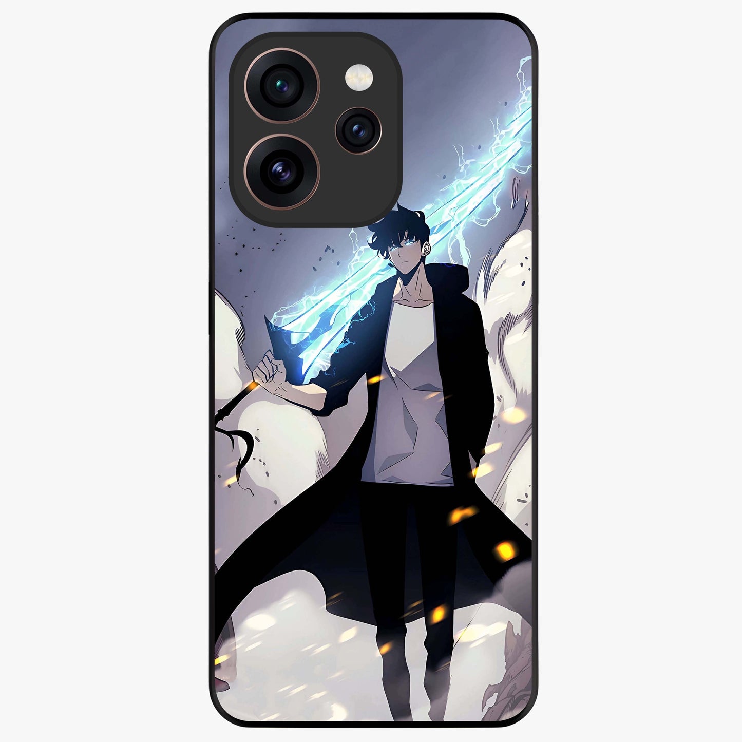 Dark Lightning Anime Warrior Glass Case showing flat back view with intense anime warrior artwork and glossy glass finish.