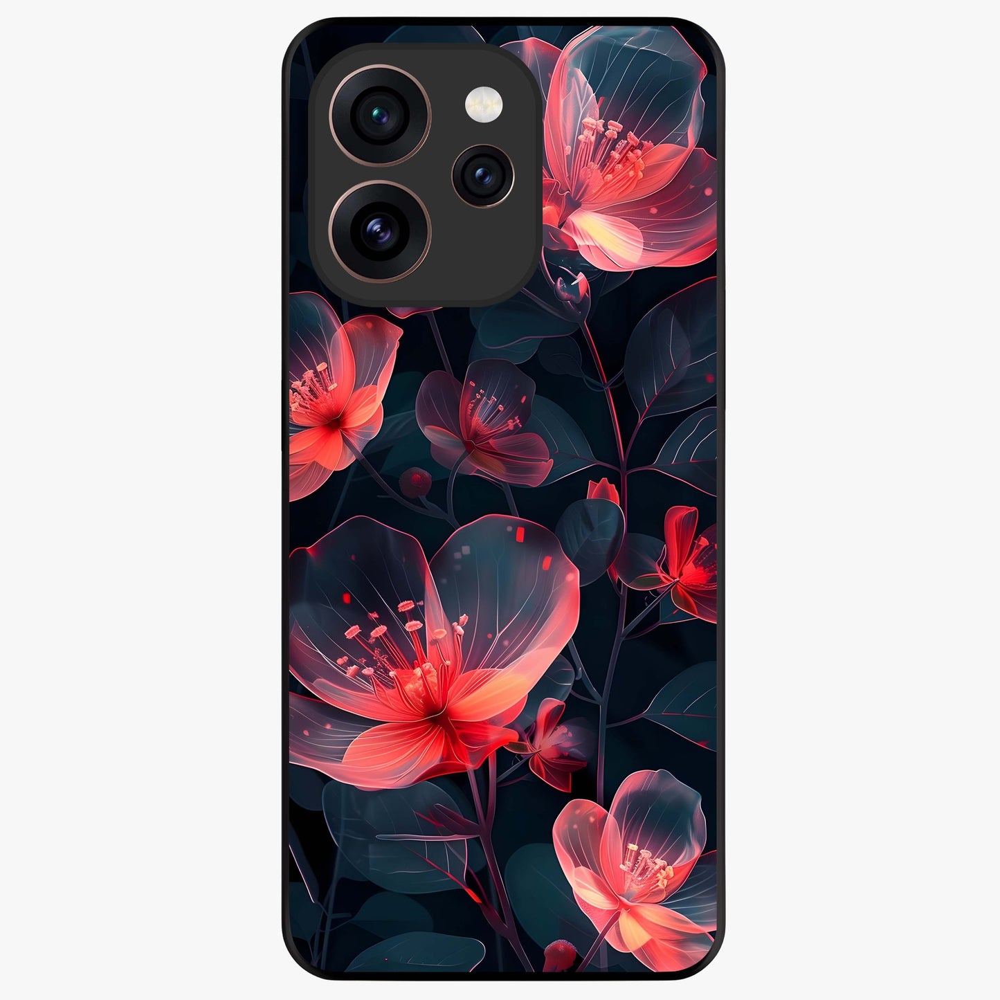 Dark Shade of Flower Glass Case showing flat back view with elegant dark floral artwork and glossy glass finish.