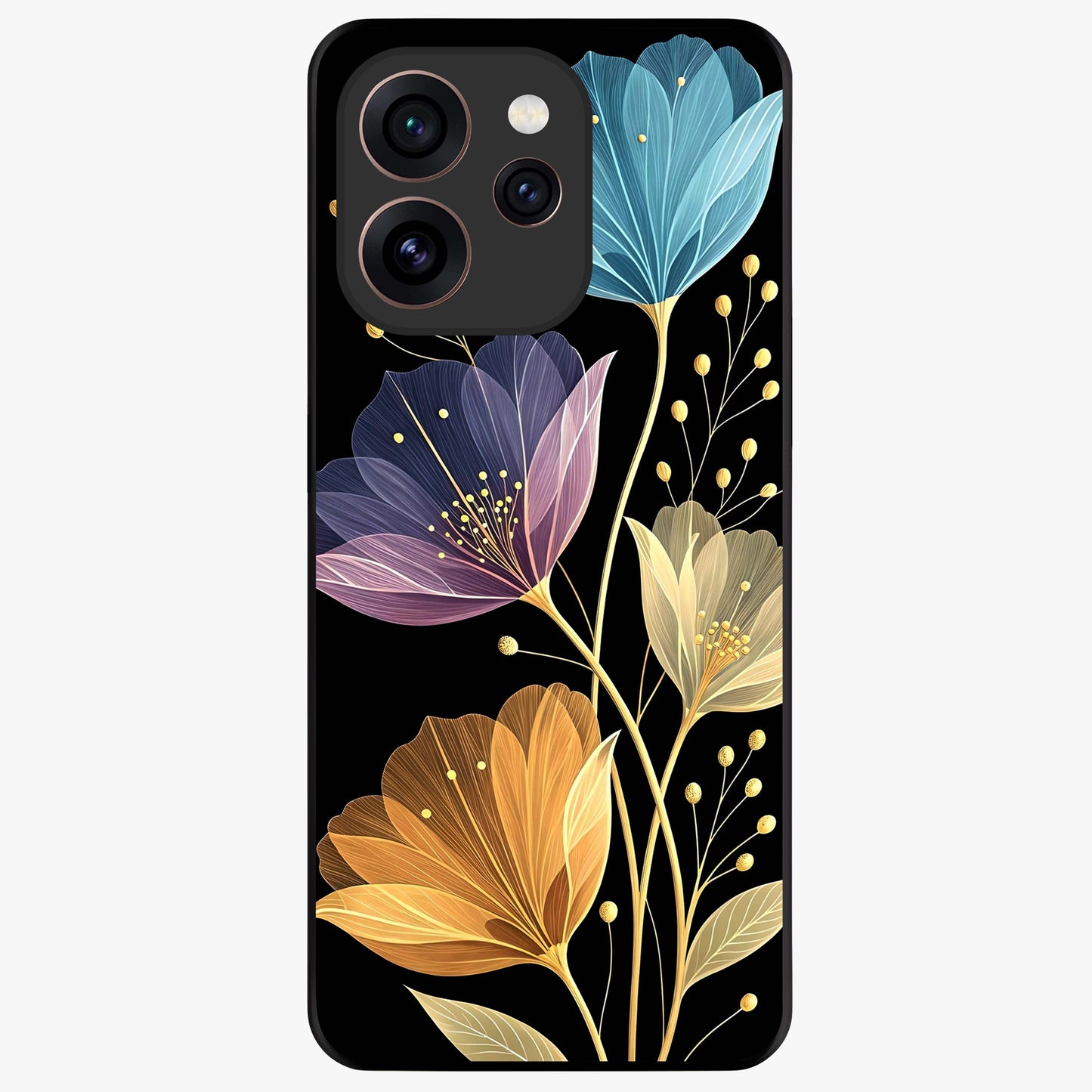 Delicate Multicolor Flowers Glass Case showing flat back view with vibrant floral artwork and glossy glass finish.