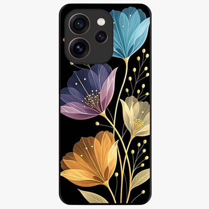 Delicate Multicolor Flowers Glass Case showing flat back view with vibrant floral artwork and glossy glass finish.