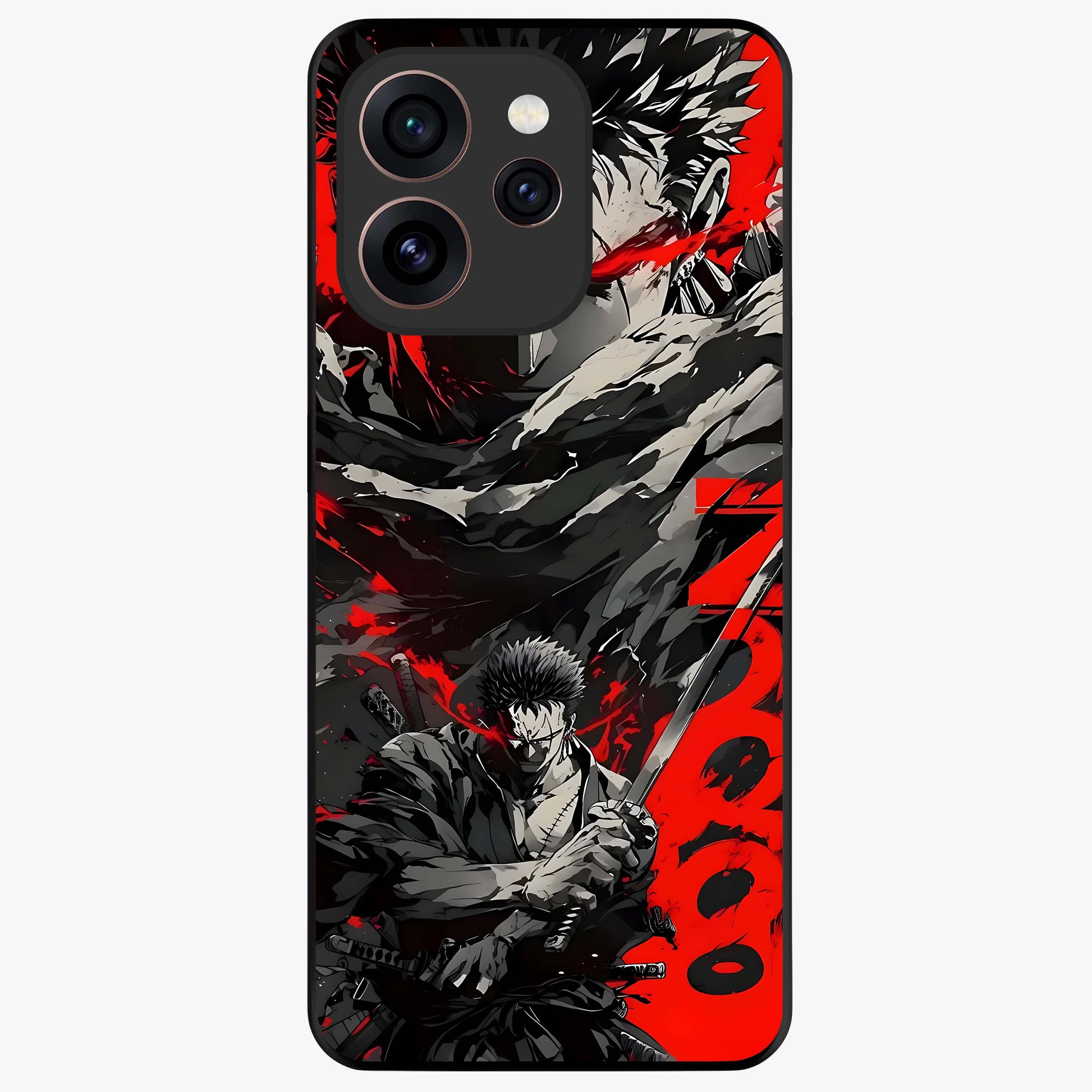 Demon Sword Resolve Glass Case showing flat back view with fierce sword warrior artwork and glossy glass finish.