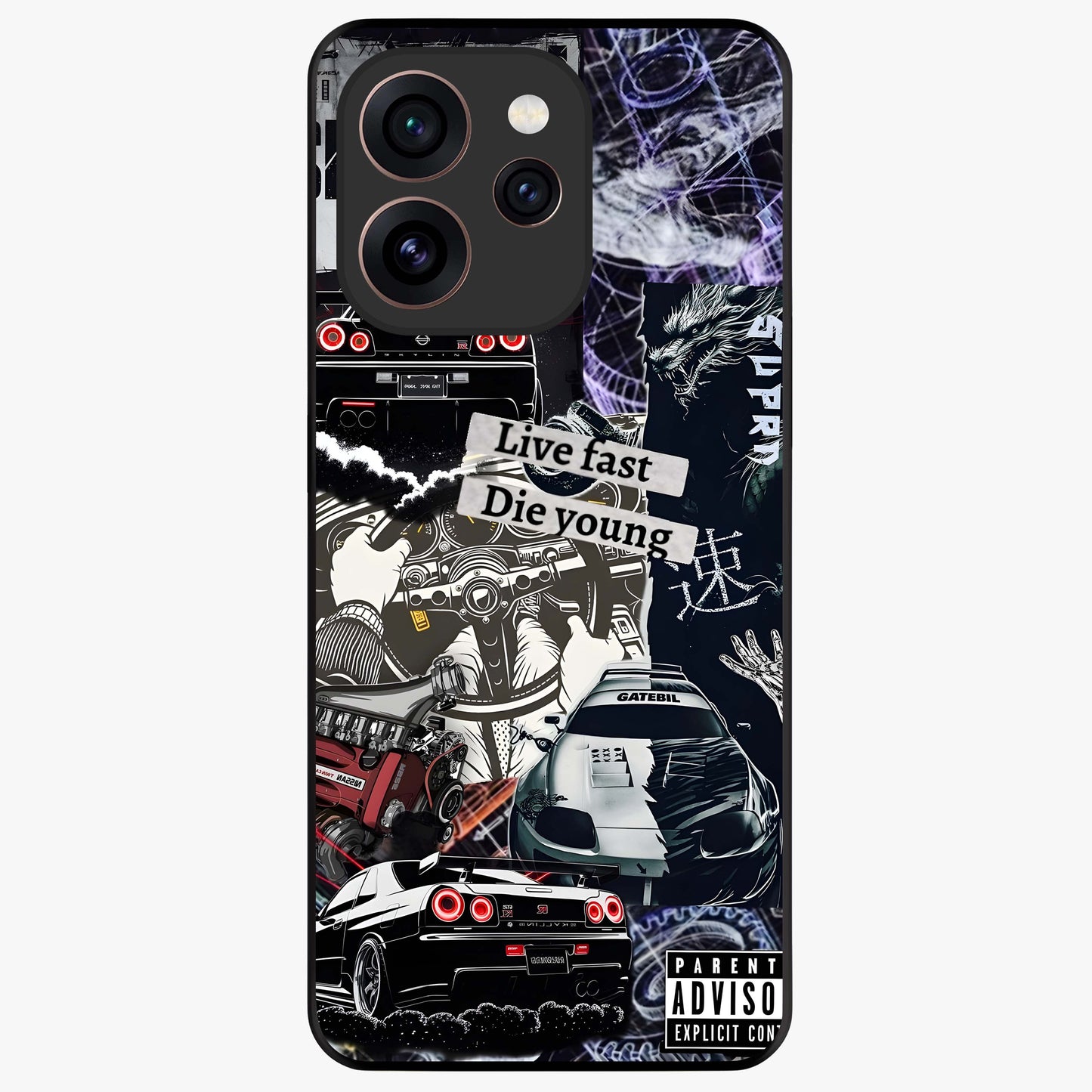 Die Young Glass Case showing flat back view with bold artistic typography design and glossy glass finish.