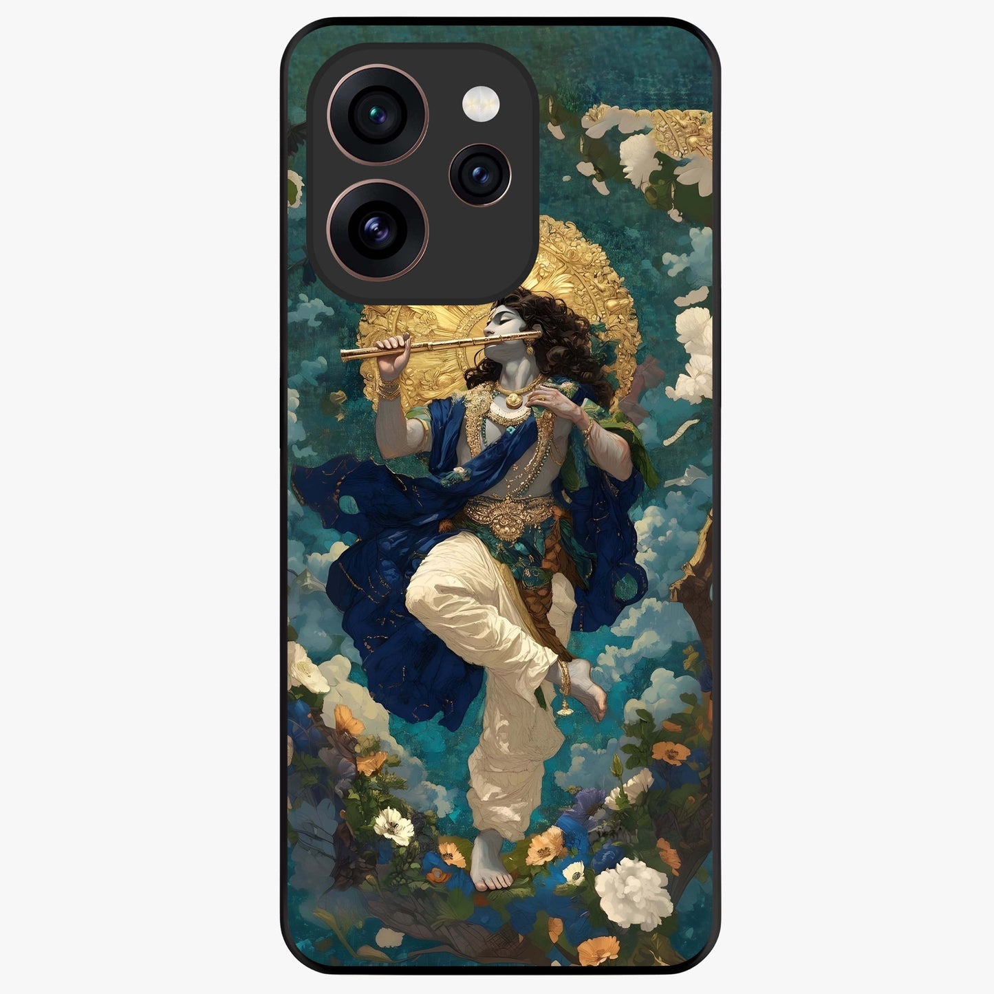 Divine Krishna Art Glass Case showing flat back view with Lord Krishna artwork and glossy glass finish.