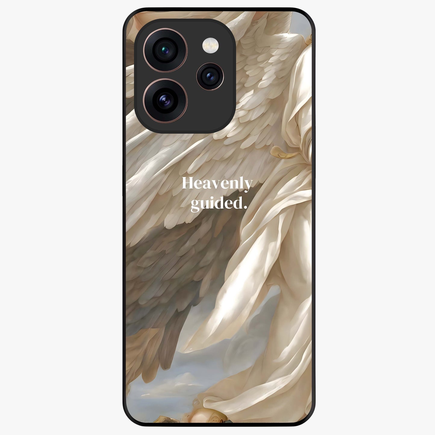 Divine Winged Grace Glass Case showing flat back view with elegant wing inspired artwork and glossy glass finish.