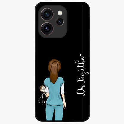 Doctor Pattern Custom Name Glass Case showing flat back view with medical themed pattern and personalized name design.