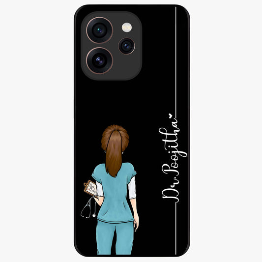 Doctor Pattern Custom Name Glass Case showing flat back view with medical themed pattern and personalized name design.