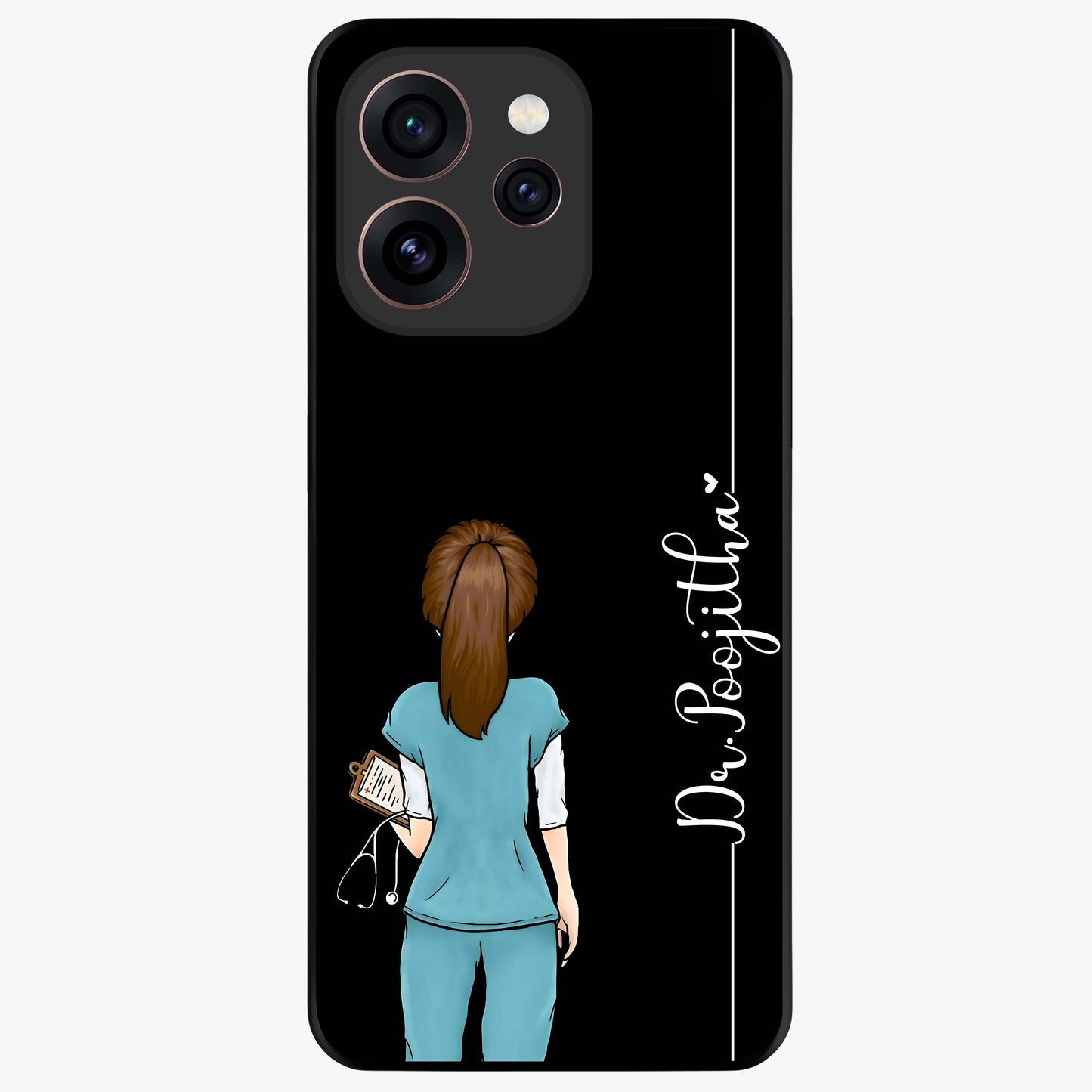 Doctor Pattern Custom Name Glass Case showing flat back view with medical themed pattern and personalized name design.