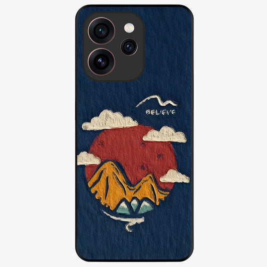 Dream Beyond Mountains Glass Case showing flat back view with scenic mountain landscape artwork and glossy glass finish.