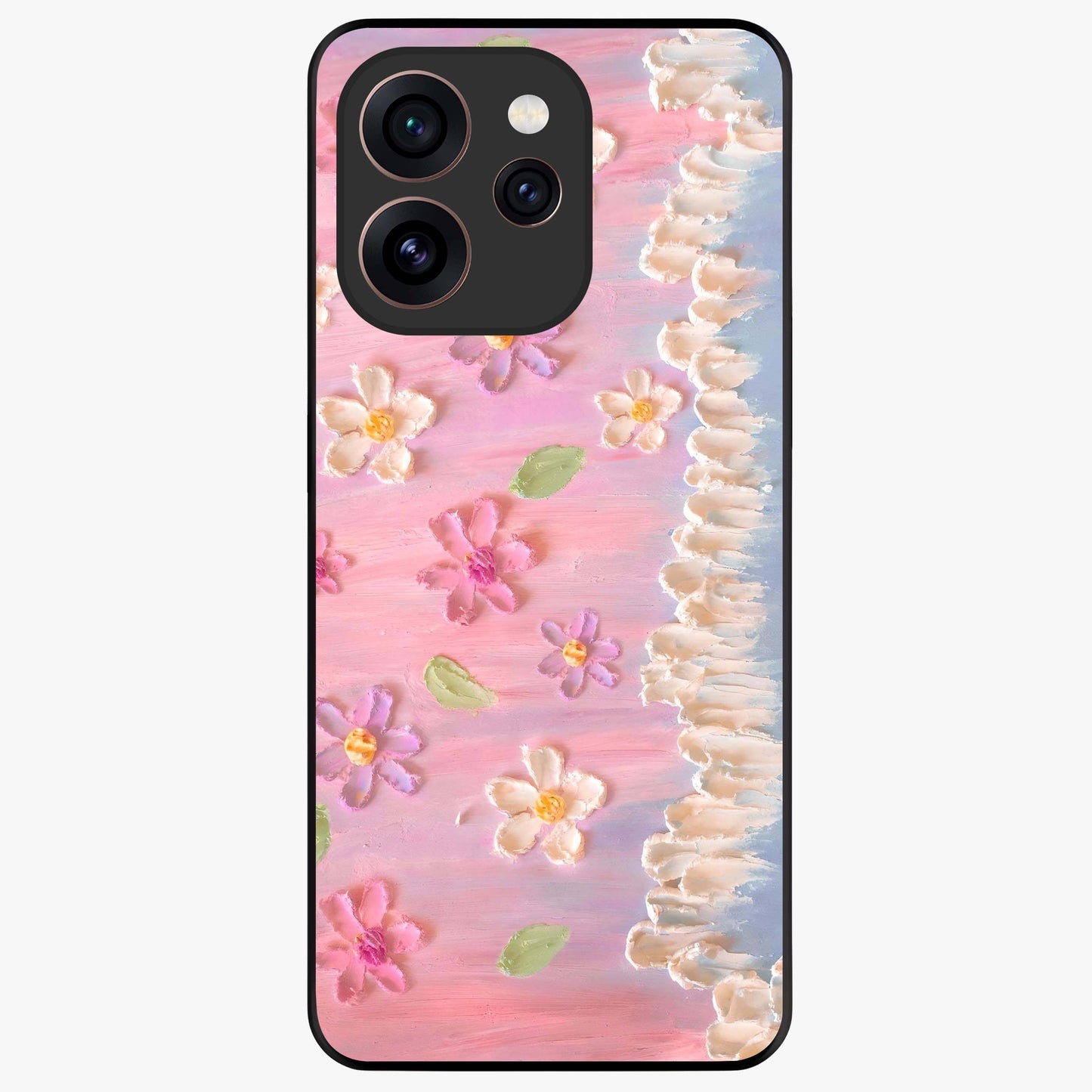 Dreamy Painted Garden Glass Case showing flat back view with artistic painted floral garden artwork and glossy glass finish.